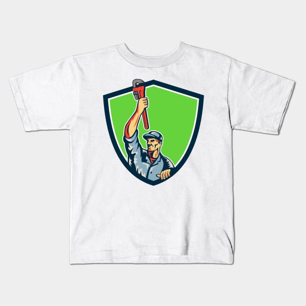 Plumber Raising Up Monkey Wrench Shield Retro Kids T-Shirt by patrimonio